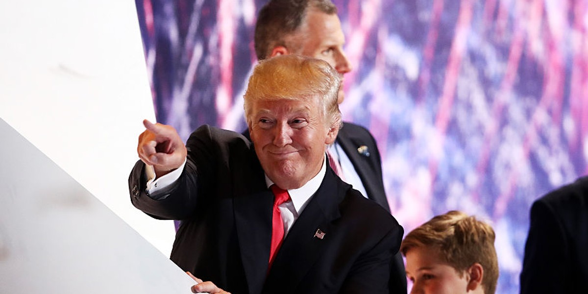 Republican presidential candidate Donald Trump gestures as he acknowledges the crowd at the end of the Republican National Convention.