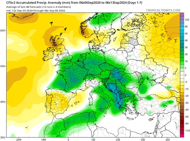 Prognoza anomalii opadów w Europie w ciągu nadchodzącego tygodnia