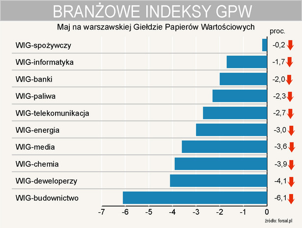 W maju 2010 r. wszytskie indeksy branżowe GPW zniżkowały