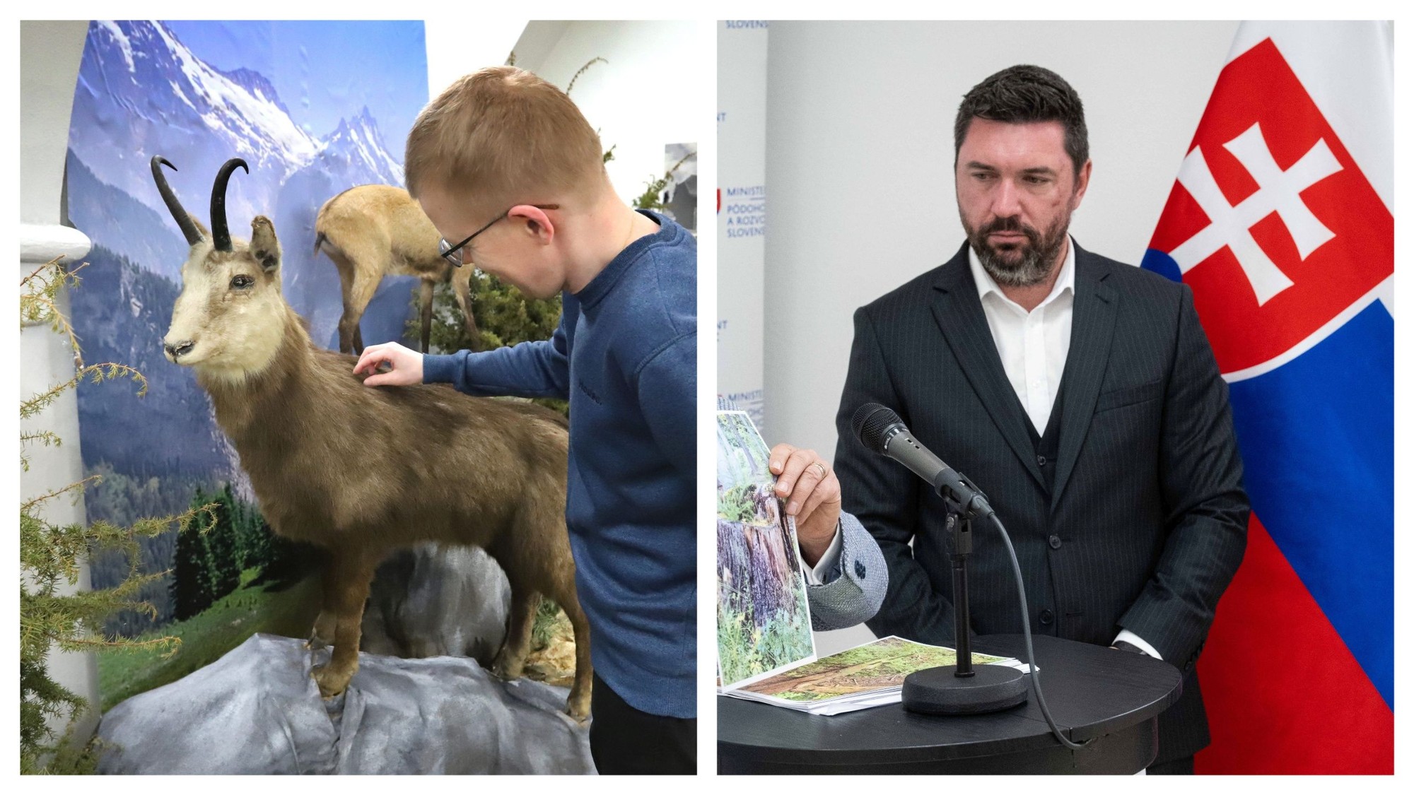 Jedna z výstav v Lesníckom a drevárskom múzeu vo Zvolene (vľavo). Minister Richard Takáč (vpravo). 