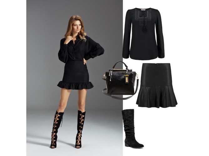 Spódnica Camaieu 129,90 ZŁ ; Koszula Camaieu 119,90 zł; Torebka Steve Madden 380 ZŁ; Buty STEVE MADDEN 630 PLN