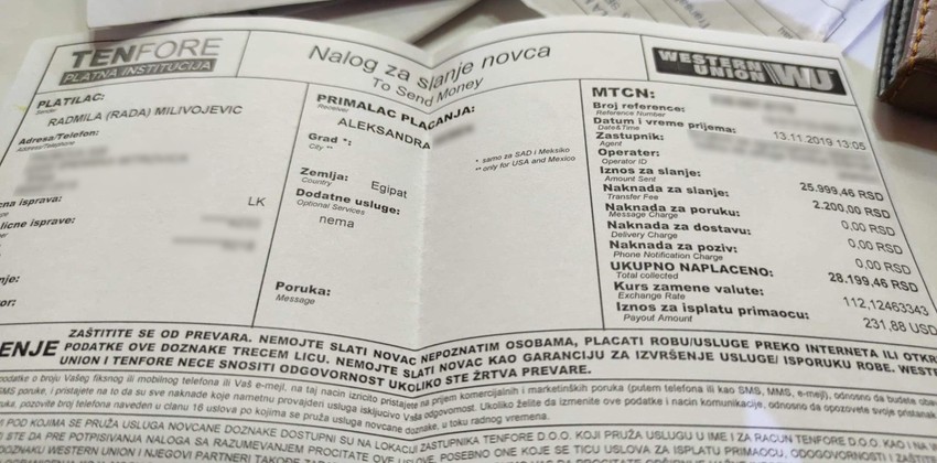Potvrda da je Radmila poslala novac Aleksandri S. koja je u tom trenutku boravila u Egiptu