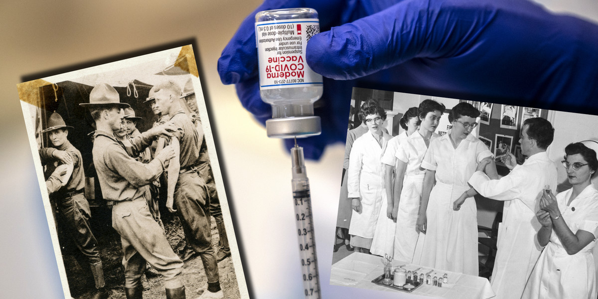  Na zdjęciach: akcja szczepień w amerykańskim Fort Sheridan, 1920 r. (po lewej) i szczepienie personelu szpitala Św. Józefa preparatem przeciwko polio, 1957 r., Denver , USA. 