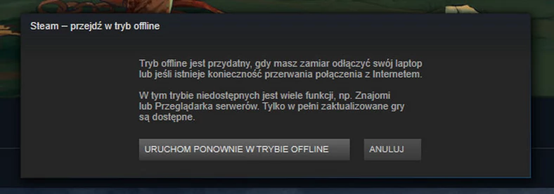 Przed przejściem w tryb offline jesteśmy informowani o związanych z tym ograniczeniach