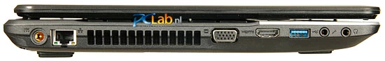 Lewa strona: złącze zasilacza, złącze LAN, wyjście VGA, HDMI, port USB 3.0, gniazda audio