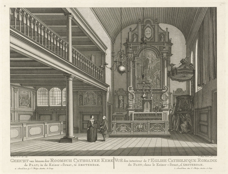 Caspar Jacobszoon Philips według Hendrika Keuna, Wnętrze tajnego katolickiego kościoła De Paauw przy Keizerstraat w Amsterdamie, 1770.Rijksmuseum, Amsterdam