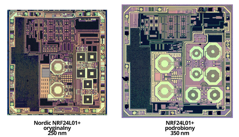 Popularny w przemyśle i wśród hobbystów układ radiowy NRF24L01. Po lewej – jądro oryginalnego układu, po prawej – jądro kilkukrotnie tańszej podróbki. Podróbka jest w pełni funkcjonalna: pobiera jedynie więcej prądu i ma mniejszy zasięg (zdjęcia za zeptobars.ru) 