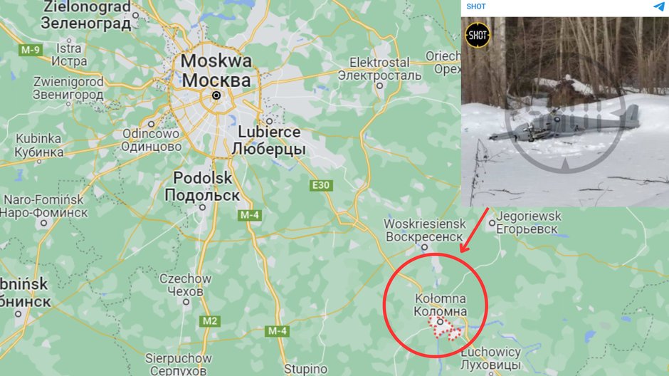 Dron rozbił się w okolicach miejscowości Kołomna, 95 km od Kremla (screen: Telegram/SHOT)