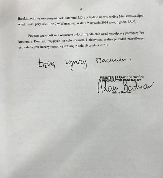 List ministra Adama Bodnara do przewodniczącego komisji śledczej Michała Szczerby.
