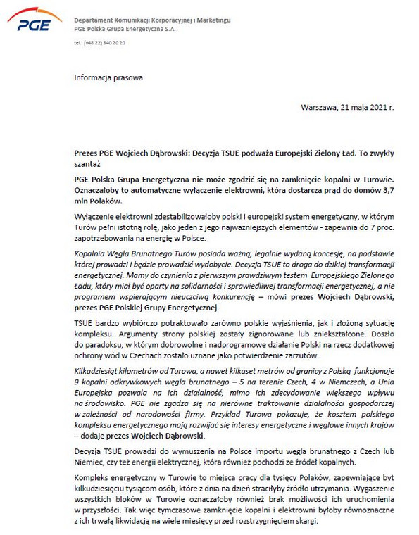 Oświadczenie wydane przez PGE Polską Grupę Energetyczną