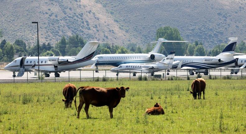 Private jets, seen here in 2021, are taking over the Friedman Memorial Airport ahead of the Allen & Company Sun Valley Conference.Kevin Dietsch/Getty Images