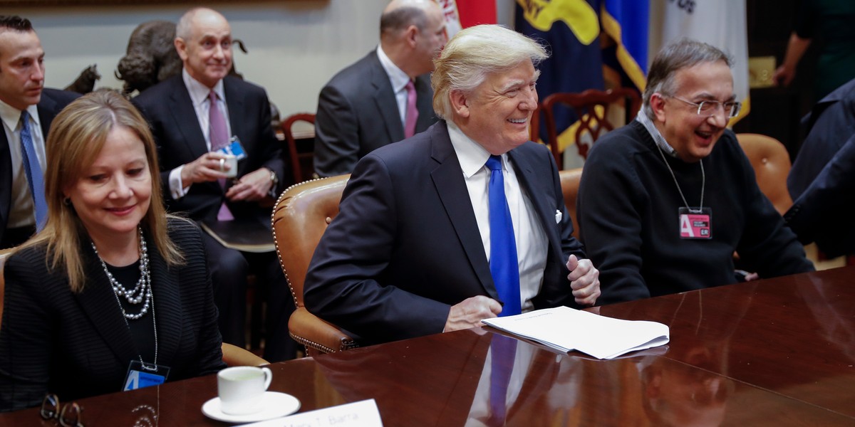 GM CEO Mary Barra, with President Donald Trump and FCA CEO Sergio Marchionne.