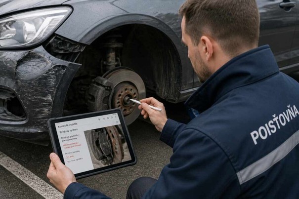 Technik poisťovne s tabletom dokumentuje stav vozidla po nehode – pohľad na opotrebované brzdové platničky odhalené pri kontrole. 