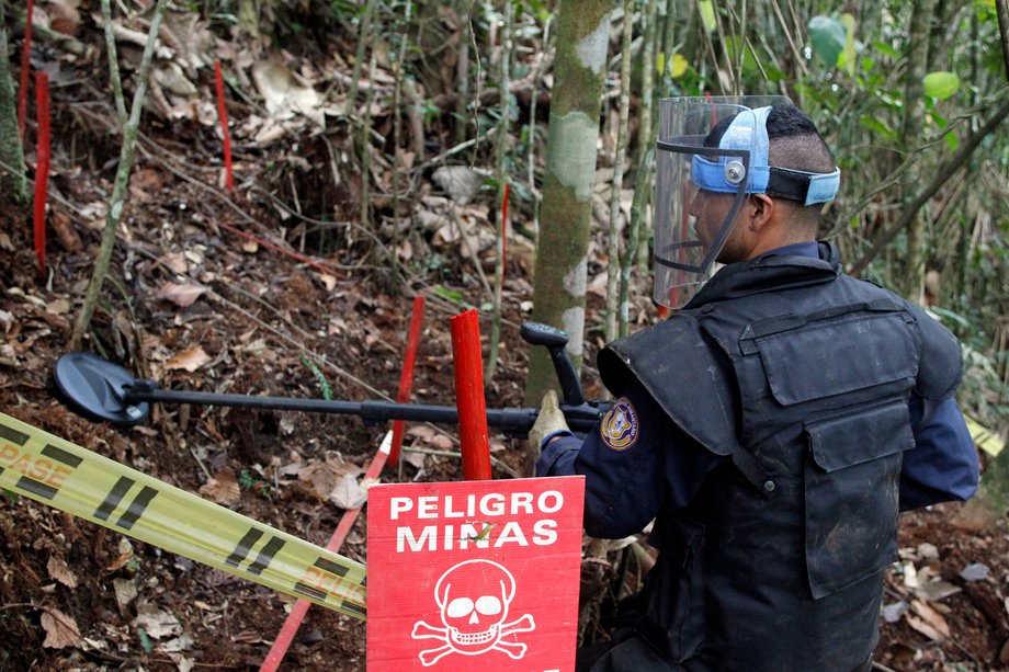 A member of the Humanitarian Demining Battalion of the Colombian Army searches for land mines in Cocorna, Antioquia, March 3, 2015. According to the United Nations Mines Action Service, Colombia has the second-highest number of victims from land mines in the world, after Afghanistan.