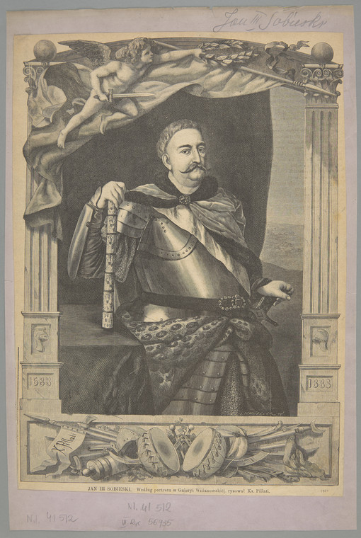 Jan III Sobieski Według portretu w Galeryi Wilanowskiéj (Schübeler, Julian (przed 1865-1890)  - autor;  Pillati, Ksawery (1843-1902)  - autor wzoru pośredniego  (wg rys.) )