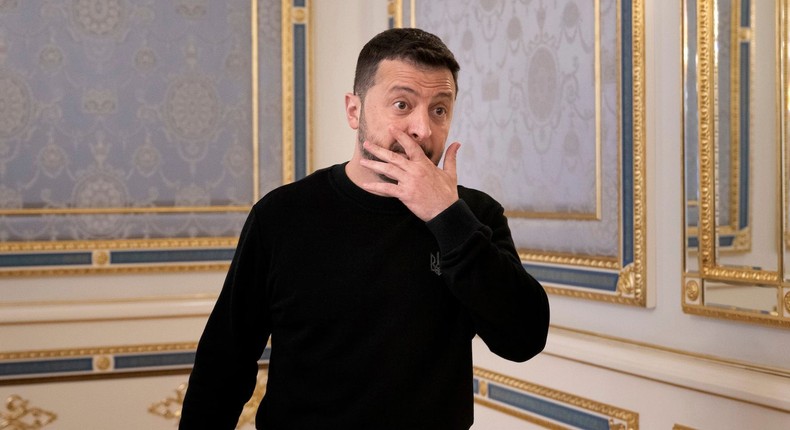 Ukraine's President Volodymyr Zelenskyy waiting to greet US Secretary of State Antony Blinken, prior to their meeting in Kyiv on May 14, 2024.Brendan Smialowski/Pool Photo via AP