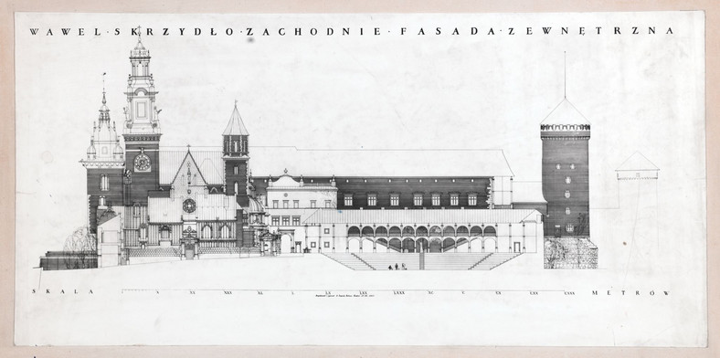 Przebudowa Wawelu. Skrzydło zachodnie, elewacja zewnętrzna (wschodnia) (1943 r., proj. i rys. Adolf Szyszko-Bohusz)