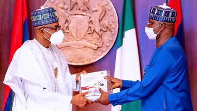 President Muhammadu Buhari and SGF, Boss Mustapha. [Twitter/@BashirAhmaad]
