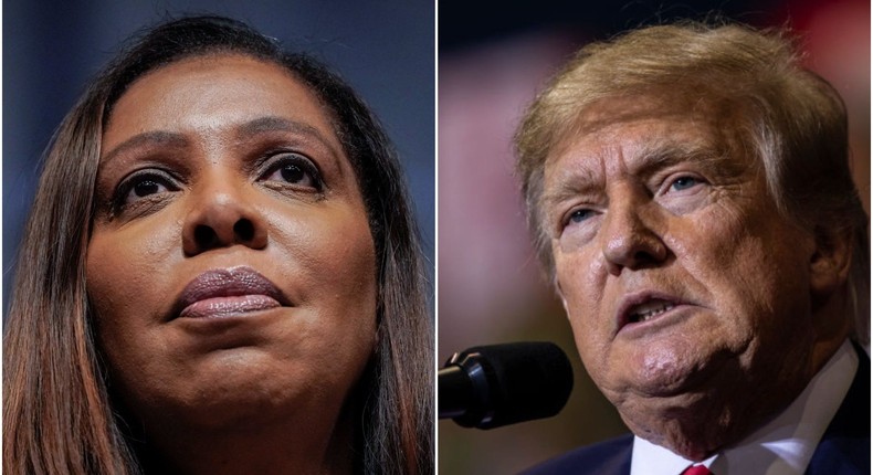 New York Attorney General Letitia James, left. Former president Donald Trump, right.