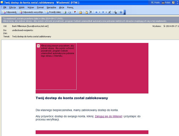 Spam z informacją o zablokowaniu konta podszywający się pod Bank Millenium