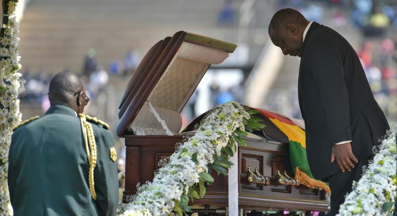 South Africa's President Cyril Ramaphosa said a final farewell at the casket of late Zimbabwean president Robert Mugabe