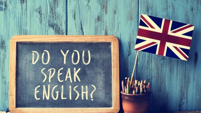 text do you speak english? in a chalkboard, filtered