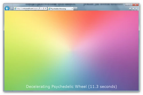 Psychedelic test sprawdza wydajność graficzną przeglądarek. W oknie obraca się kolorowa tęcza lub tekstura zawierająca różne figury geometryczne