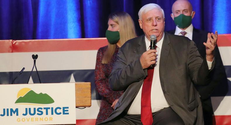 In this Nov. 3, 2020, file photo, West Virginia Gov. Jim Justice celebrates his reelection at The Greenbrier Resort in White Sulphur Springs, W.Va.
