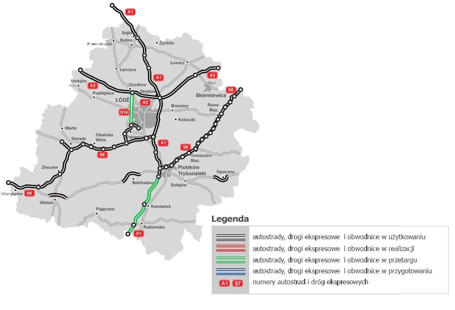 Mapa stanu budowy dróg - woj. łódzkie