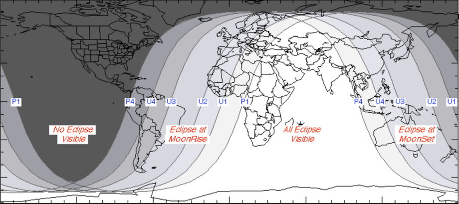 Mapa dot. widzialności całkowitego zaćmienia Księżyca. Im jaśniejszy kolor, tym więcej mogą zobaczyć mieszkańcy danego regionu