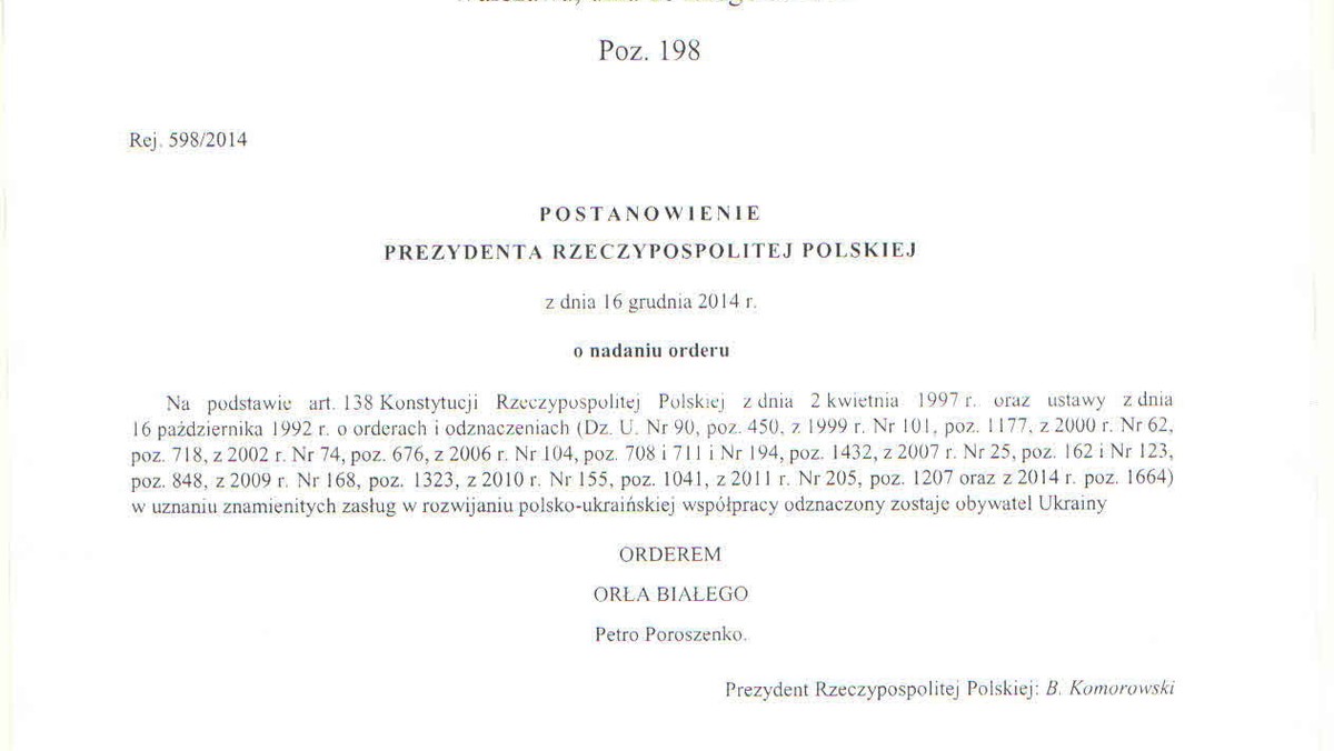 Order Orła Białego dla prezydenta Petro Poroszenki jest zniewagą dla rodzin pomordowanych w czasie banderowskiego ludobójstwa, które zostało dokonane na Kresach Wschodnich II RP oraz na terenach obecnego Podkarpacia i Lubelszczyzny. Dlatego też rodziny te w tych dniach zwrócą się do prezydenta RP Andrzeja Dudy o odebranie ukraińskiemu prezydentowi owego odznaczenia.