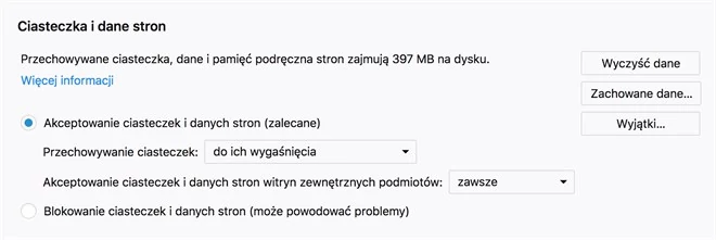 Firefox 60.0 ma także przebudowaną sekcję Ciasteczka i dane stron