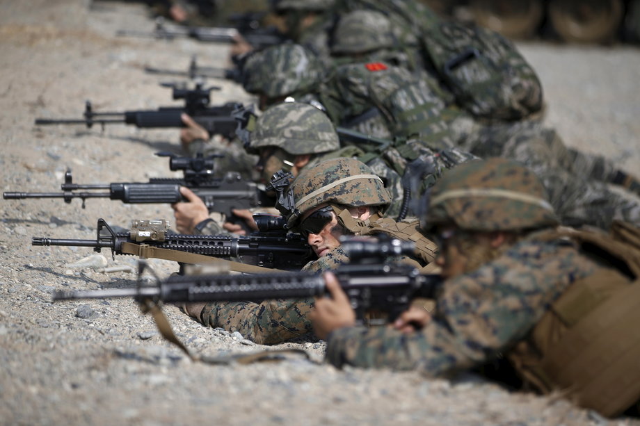 US and South Korean marines participate in a U.S.-South Korea joint landing operation drill in Pohang March 30, 2015. The drill is part of the two countries' annual military training called Foal Eagle, which runs from March 2 to April 24.