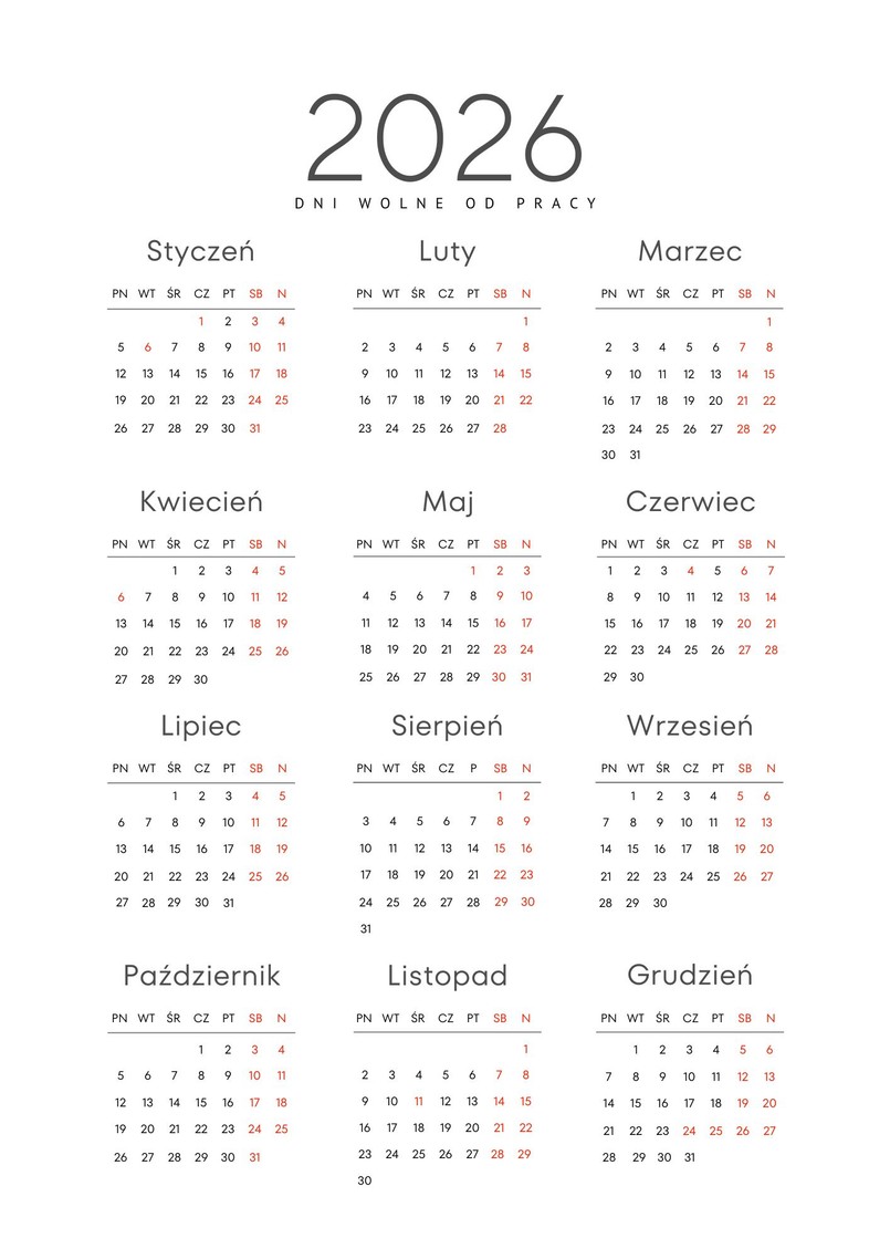dni wolne od pracy w 2026 roku kalendarz