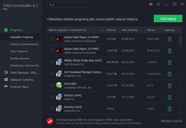 Główne okno programu do deinstalacji programów i gier z Windows - IObit Uninstaller Pro