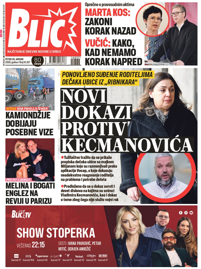 Blic naslovna strana za 30.1.