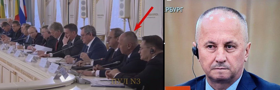 Gen. Andriej Awerianow jako członek oficjalnej delegacji rosyjskiej na szczycie Rosja — Afryka w St. Petersburgu, lipiec 2023 r. Putin widoczny piąty z lewej, Awerianow drugi z prawej