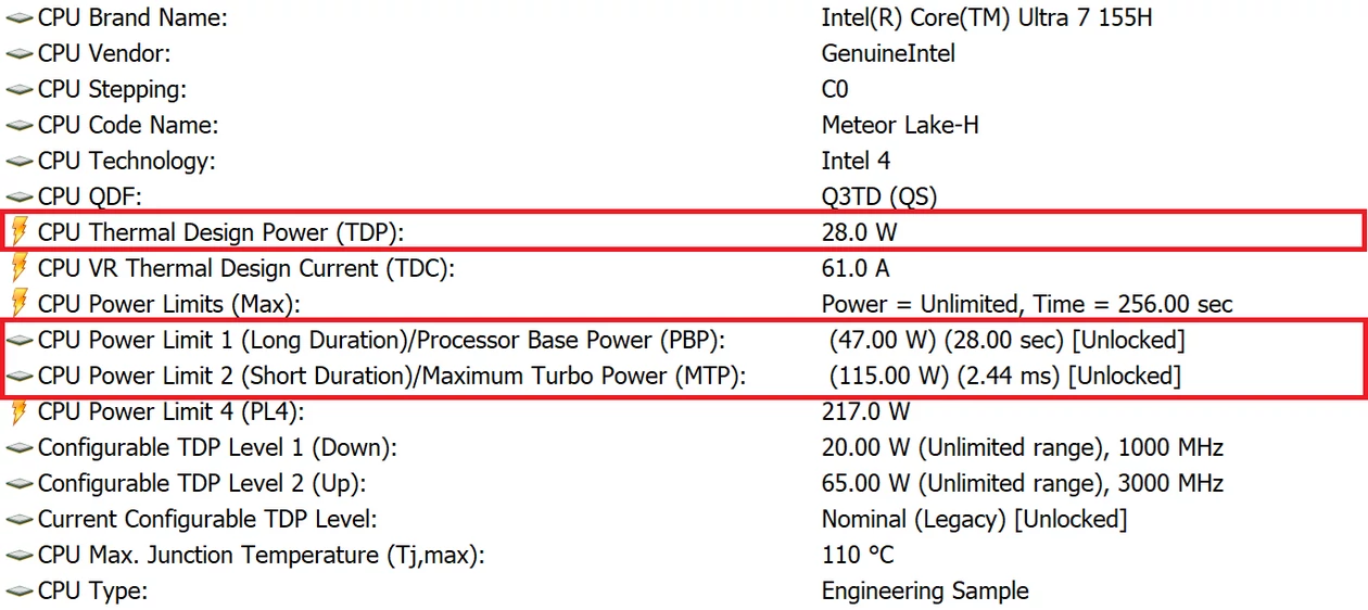 Intel Core Ultra 7 155H – konfiguracja limitów mocy procesora w laptopie MSI Prestige 16 AI Evo B1MG w trybie Extreme Performance