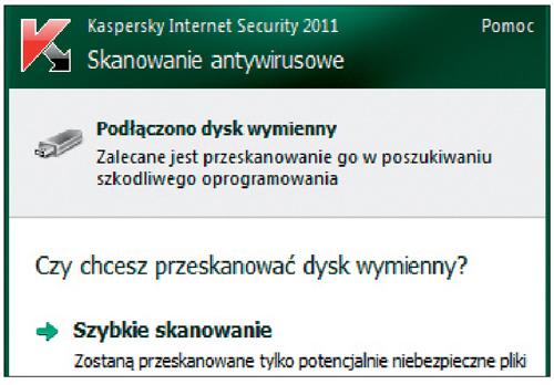 Atak z zewnątrz? Kaspersky automatycznie sprawdza nowy nośnik podłączony przez użytkownika do komputera i wyświetla okno dialogowe z pytaniem 