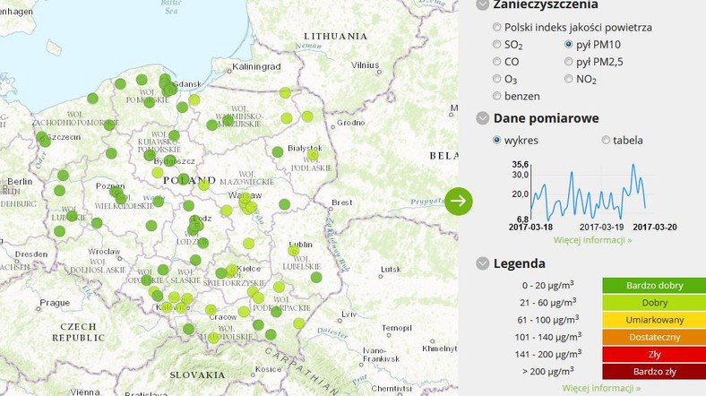 Stężenie pyłu PM10 - 2017-03 -20 od godziny 3.00 do godziny 4.00