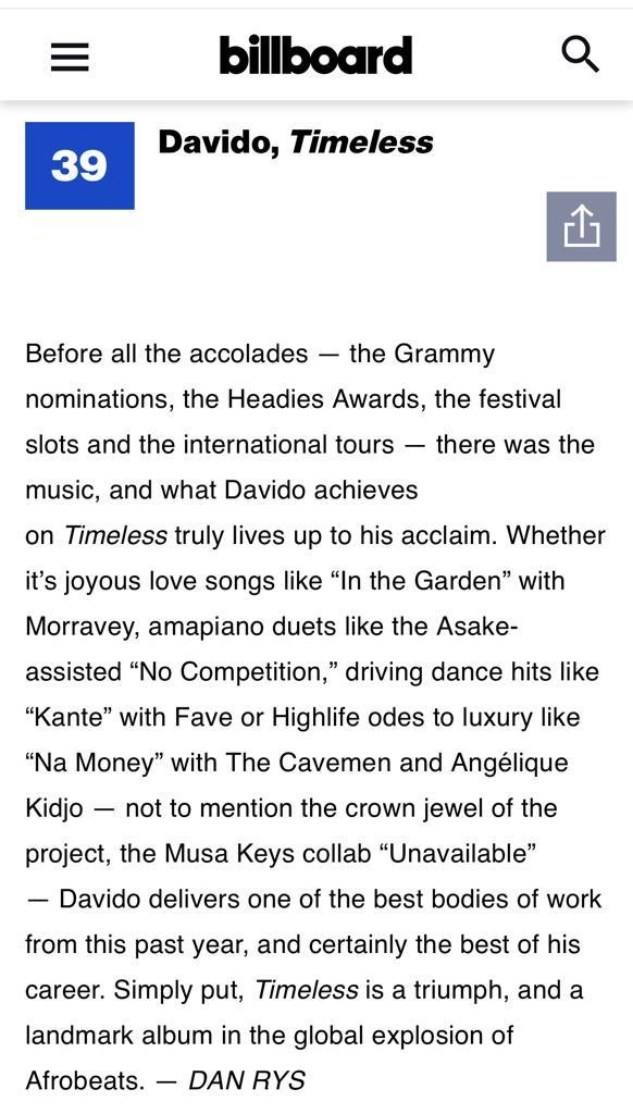 Davido's 'Timeless' makes Billboard Staff list for Top 50 albums of 2023