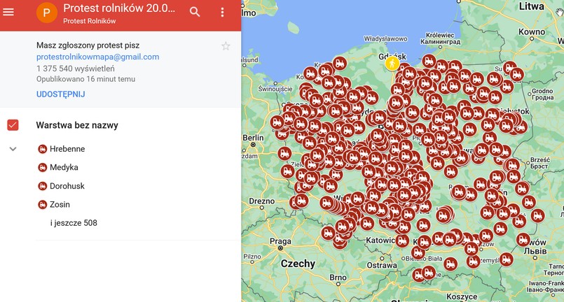 mapa protestów i blokad rolników w dniu 20 III