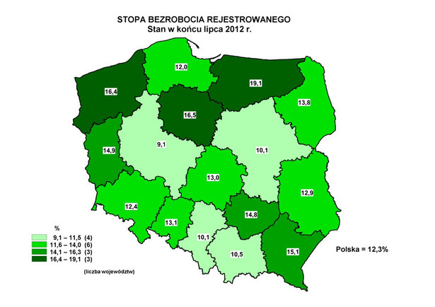 Stopa bezrobocia rejestrowanego w Polsce (stan na koniec lipca 2012) - podział na województwa, źródło: GUS