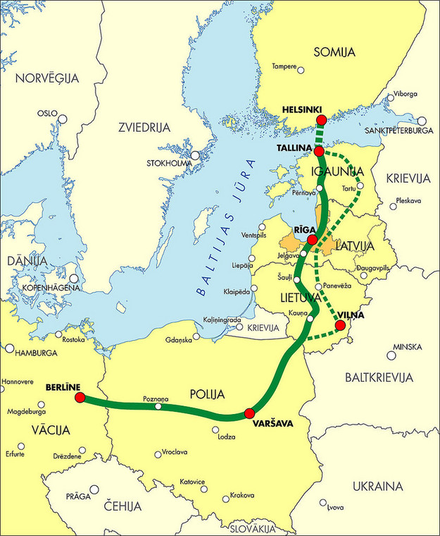 Transeuropejski szlak Rail Baltica, łączący Helsinki, Tallin, Rygę, Wilno, Warszawę i Berlin. Źródło: Ministerstwo transportu i komunikacji Łotwy