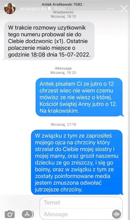 Wiadomość Joanny Opozdy do Antoniego Królikowskiego