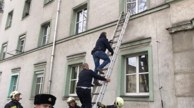 Mivel a zsaruk az ajtón hiába kopogtak, a tűzoltók segítségével az ablakon át mentek be, miután létrán felmásztak / Foto: police.hu