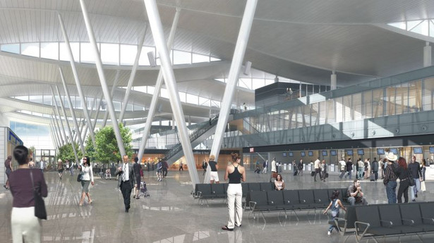 Wizualizacja hali głównej w nowym terminalu lotniska we Wrocławiu. Wizualizacja pochodzi z materiałów prasowych Portu Lotniczego Wrocław.