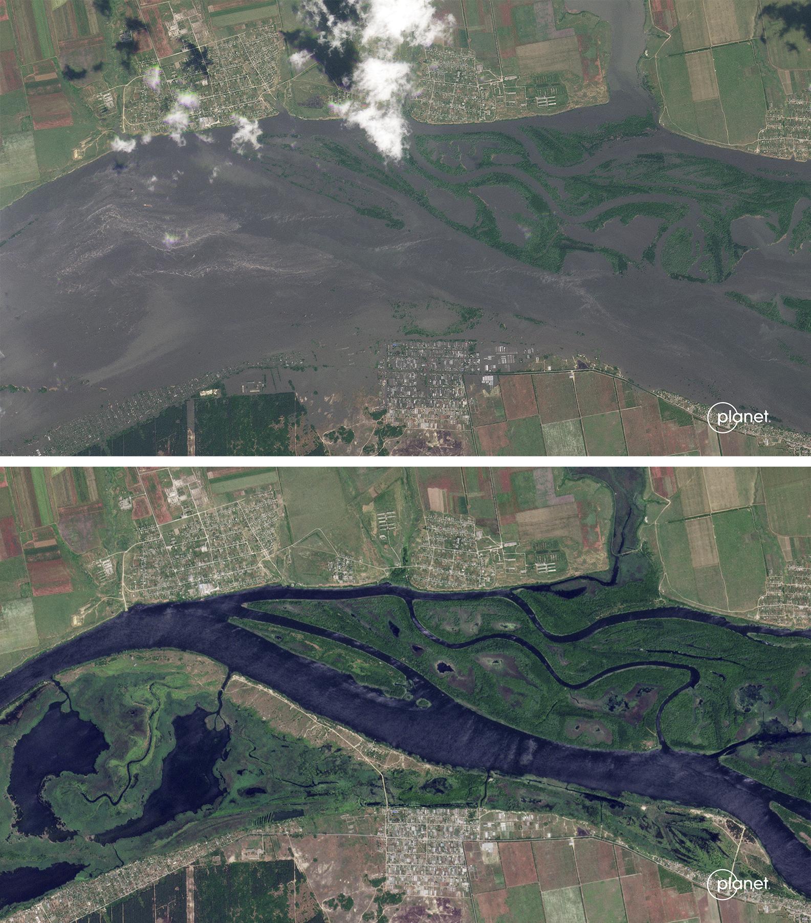 Zábery pred a po: Kachovskú priehradu na Ruskom okupovanej časti Chersonskej oblasti v noci na utorok 6. júna 2023 zasiahol výbuch, ktorý ju takmer úplne zničil.