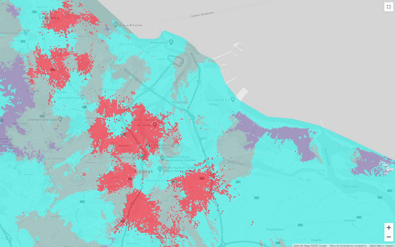 Mapa zasięgu 5G w Plusie - Gdańsk i okolice