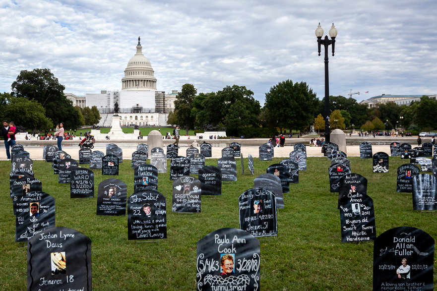Instalacja artystyczna Trail of Truth mająca na celu zwrócenie uwagi na kryzys opioidowy w USA przedstawia nagrobki osób, które straciły życie z powodu zażywania opioidów. Każdy nagrobek na cmentarzu przed Kapitolem Stanów Zjednoczonych w Waszyngtonie reprezentuje ukochaną osobę utraconą przez narkotyki, 2022 r.